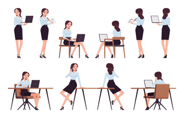 Obraz na płótnie Canvas Attractive effective businesswoman set, busy situations, active poses. Office girl, female manager in formal pencil skirt, work occasion. Vector flat style cartoon character isolated, white background