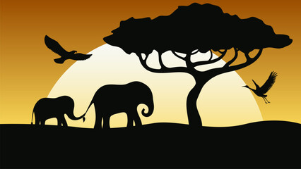 Fototapeta na wymiar black silhouettes of wild animals and tree at sunset
