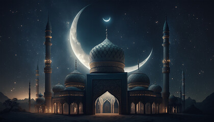 Beautiful mosque full view with starry and crescent moon moon night. Generative AI - obrazy, fototapety, plakaty