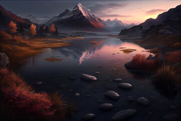 a painting of a mountain scene with a lake in the foreground, a matte painting