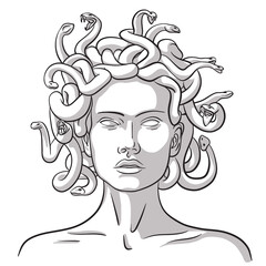 Vector illustration of a plaster statue of the Gorgon Medusa in halftone. Line art isolated on white background. Print for t-shirt