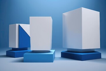 Empty display podiums in blue and white with a blue and white background for product advertising are used as an illustration. Generative AI