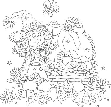 Easter card with a happy little fairy and a wicker basket of painted gift eggs with spring flowers, a merry fluttering butterfly and a bow, black and white vector cartoon illustration