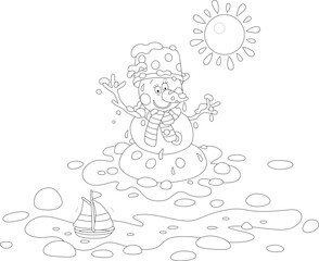 Funny snowman with a spotted kitchen pan, a carrot and a striped scarf thawing in a puddle and welcoming a small toy sail boat floating down a stream on a warm spring day, vector cartoon