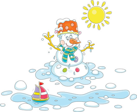 Funny snowman with a spotted kitchen pan, a carrot and a striped scarf thawing in a puddle and welcoming a small toy sail boat floating down a stream on a warm spring day, vector cartoon clipart