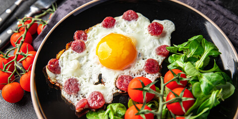 breakfast fried egg sausage, vegetable fresh meal snack on the table copy space food background rustic top view