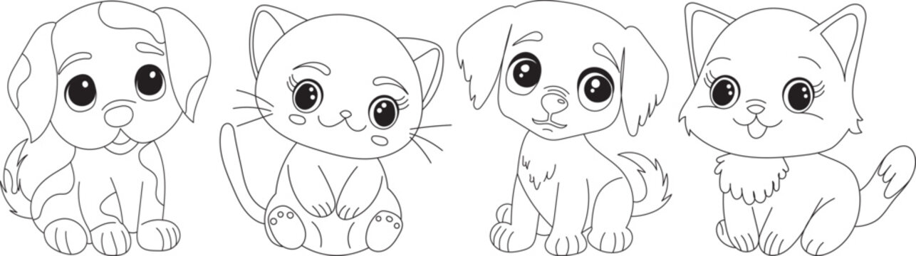kittens and puppies cartoon coloring book isolated, vector