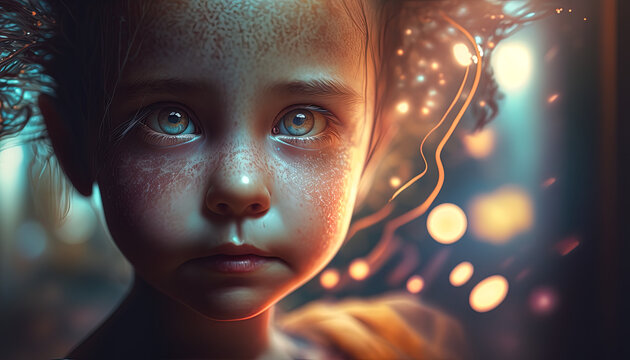 Close up spiritual beautiful child. Generative AI, this image is not based on any original image, character or person.	
