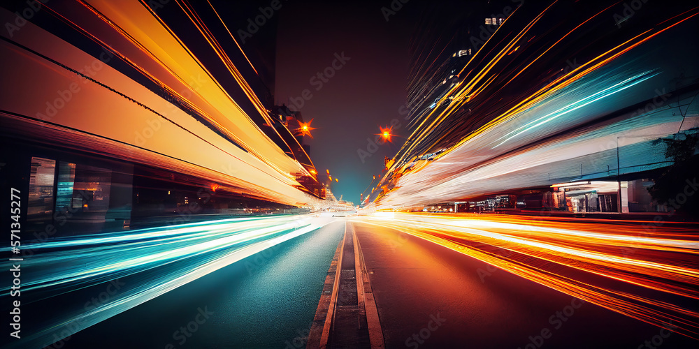 Wall mural abstract long exposure dynamic speed light trails in an urban environment. generative ai