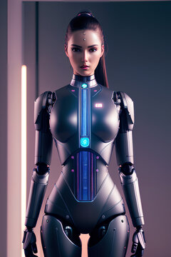 Artificial intelligence in the form of a human. a cyborg woman from the future. robot woman in costume. mechanical humanoid robot. robot model in the form of a beautiful woman. generative ai fictional