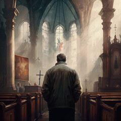 Back view of a man in the church. Generative AI.