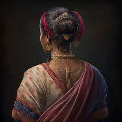 Back view of an Indian woman with sari. Generative AI.