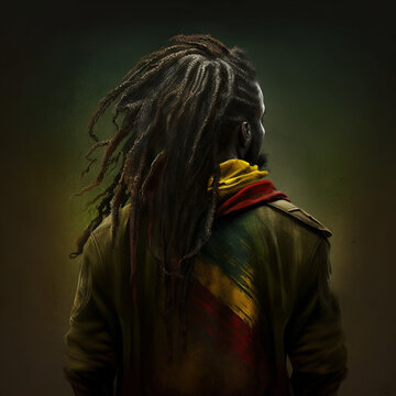 Back view of a man with dreadlocks. Rastafari. Generative AI.
