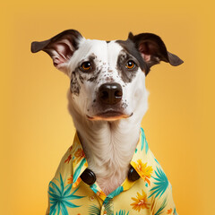 Dog wearing a Hawaiian shirt on a yellow background. Generative AI.