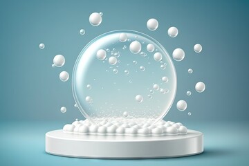 Fototapeta na wymiar Air bubbles on a round, white platform floating on blue sea. For a cosmetics product commercial presentation, mock up an empty geometric stage or platform with soap spheres or water drips. Authentic r