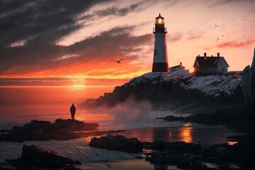 a man standing on top of a rocky beach next to a lighthouse watching the sunset