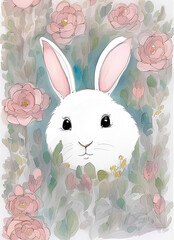 Easter white bunny with pink flower drawing. 
Generative AI