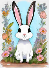 Easter white bunny with flower drawing. 
Generative AI
