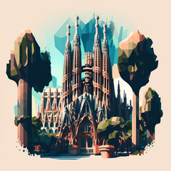 Illustration of the Sagrada Familia in Barcelona. Generative AI. - obrazy, fototapety, plakaty