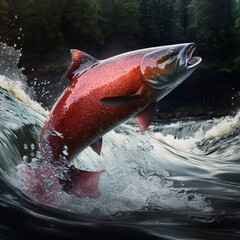 Salmon jumping in the sea. Generative AI.