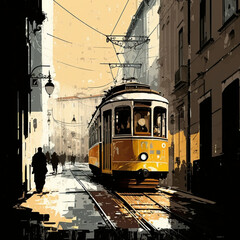 Naklejka na ściany i meble Illustration of a tram in Lisbon. Generative AI.