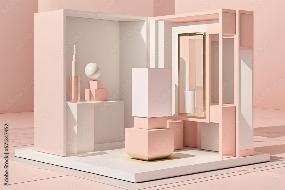 Poster studio space that is abstract and has a podium. platform in white and pastel pink with a backdrop of