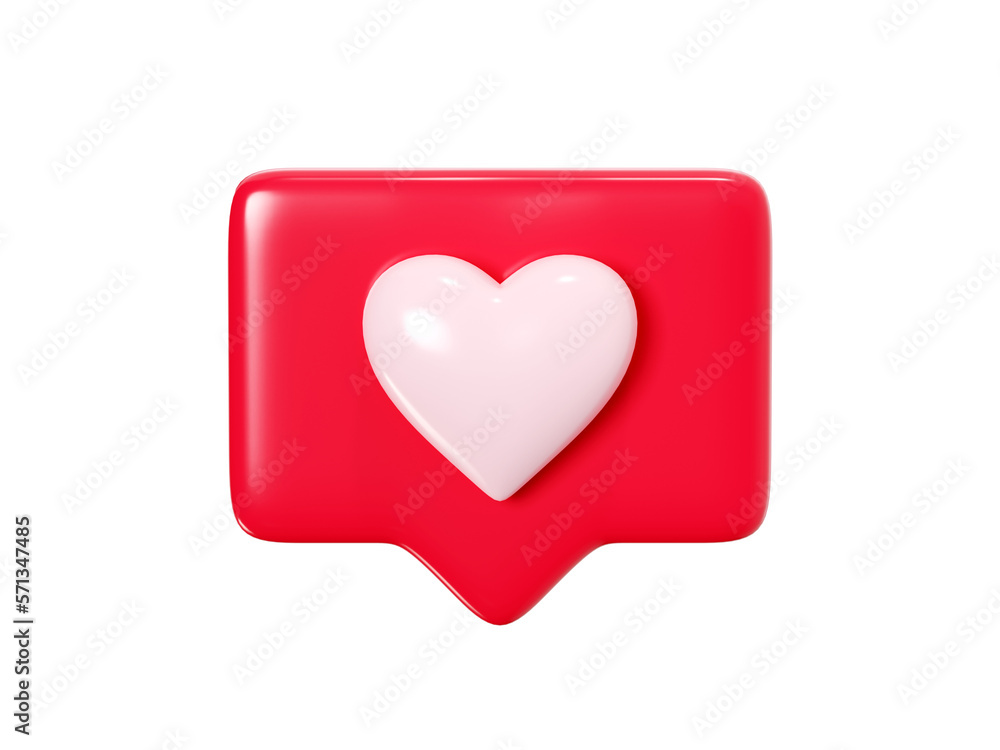 Poster speech bubble with heart 3d render icon - red love message or social media like notifications. roman