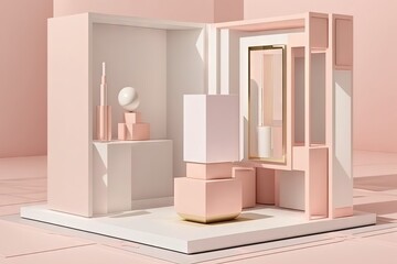 studio space that is abstract and has a podium. Platform in white and pastel pink with a backdrop of rectangles. A contemporary, minimalistic setting for the display of cosmetics. Display cabinet, sho