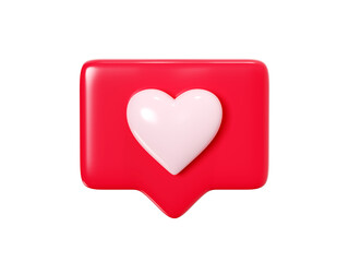 Speech bubble with heart 3d render icon - red love message or social media like notifications. Romantic conversation chat or lovely comment element. Romance emotion or feedback button.