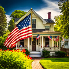 Porch of a house with the flag of the USA. Generative AI.
