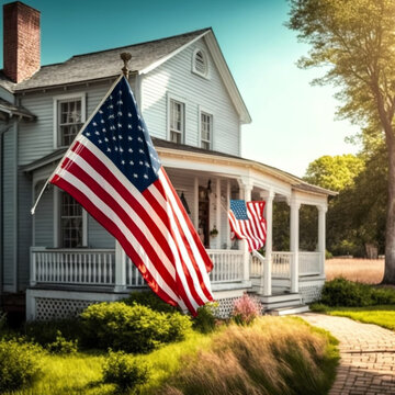 Porch of a house with the flag of the USA. Generative AI.