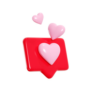 Speech bubble with flying hearts 3d render illustration - love icon for romantic or like in social media concept.