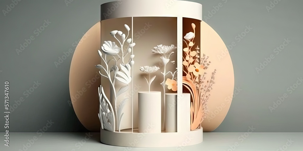 Poster geometrical scene in an abstract, basic style. cylinder podium with a floral shadow on a white backg