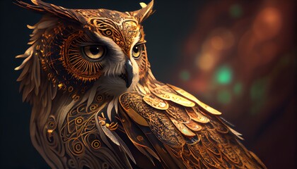 a close up of an owl on a dark background, digital art