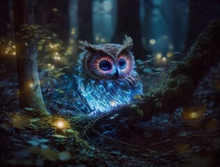 a mystic owl with glowing blue lights sitting in the middle of a forest