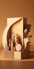 On a brown background, a geometric wooden stand has a corrugated surface in the sunshine. Idea for a podium to display cosmetics and other things. Generative AI