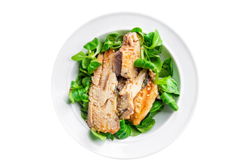 fresh sardine salad green leaves, avocado, vegetable dish meal food snack on the table copy space food background rustic top view