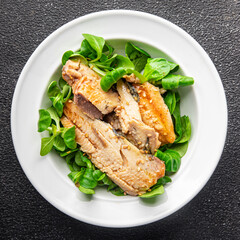 fresh sardine salad green leaves, avocado, vegetable dish meal food snack on the table copy space food background rustic top view