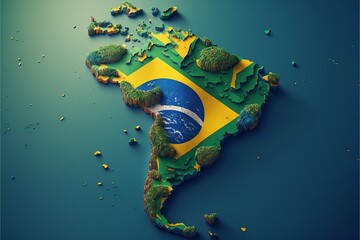 A map of Brazil featuring the Brazilian flag in full color on top, rendered as a high resolution isometric 3D illustration with hyperrealistic textures. 