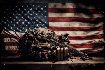 Military equipment in front of American flag
