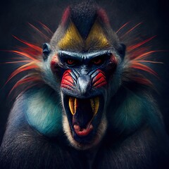 Mandrill portrait with open mouth. Looking at camera. Close up. - obrazy, fototapety, plakaty