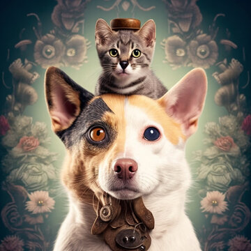 Portrait of the cute cat on the head of a dog. Retro style.
