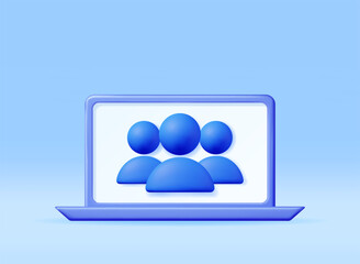 3D Simple Group User Icon in Laptop. Render Group Profile Photo Symbol UI. Avatar Sign. Human Management, HR, Business Group or Team. Person or People GUI Element. Realistic Vector Illustration