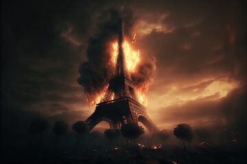 Eiffel tower burning in flames with overcast sky