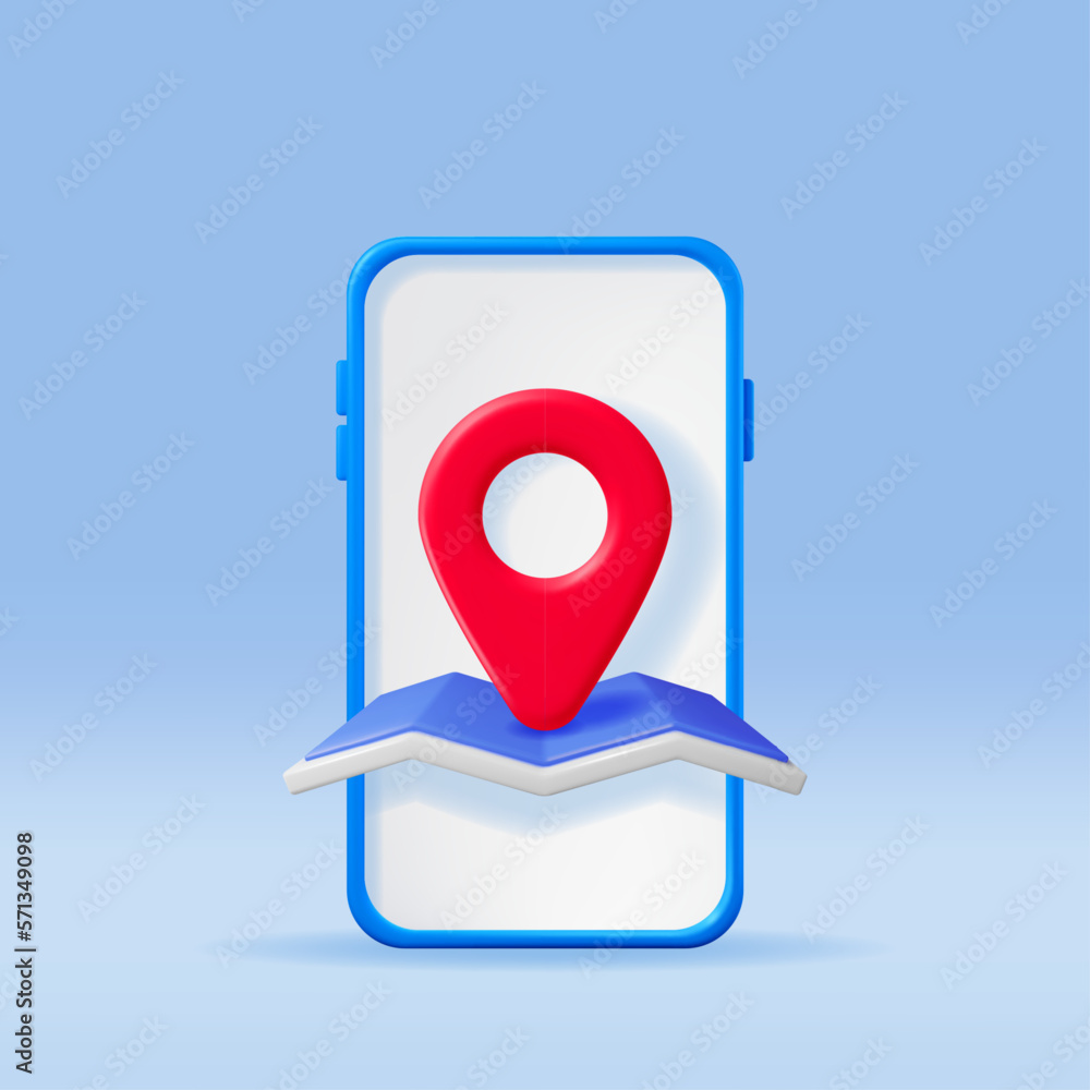 Poster 3d location map pin in smartphone isolated on white. blue gps pointer marker icon. gps and navigatio