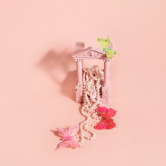Ancient ruins model, creatively painted and decorated, pastel pink, retro romantic layout. 