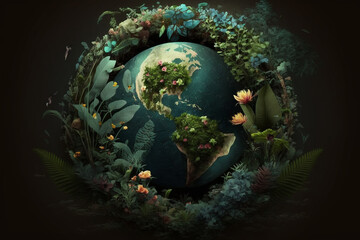Obraz na płótnie Canvas Illustration of a thriving planet Earth with a lot of greenery and foliage. Generative Ai. 