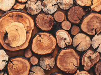 Creative art background, wall with different stacked a wooden sawn logs as home decor