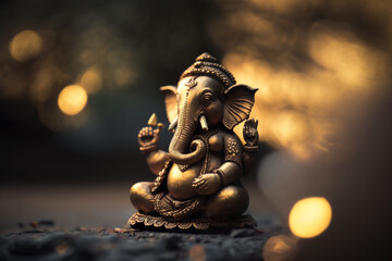 Ganesha, hindu elephant statue with golden bokeh. Generative Ai.  - Powered by Adobe