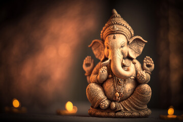 Ganesha, hindu elephant statue with golden bokeh. Generative Ai.  - obrazy, fototapety, plakaty